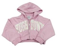 Světlerůžová propínací crop mikina s nápisem a kapucí ZARA