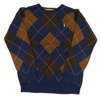 Tmavomodro-hnedo-tmavohnedý károvaný sveter s nášivkou Next