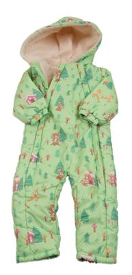Zelená šusťáková zimní kombinéza se zvířátky a muchomůrkami a stromečky a kapucí babyhug