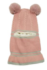 Světlerůžovo/šedá žebrovaná vzorovaná pletená zateplená kukla s bambulemi