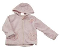 Nové - svetloružová plyšová podšitá bunda s kvetmi a srdiečkami a kapucňou Baby town
