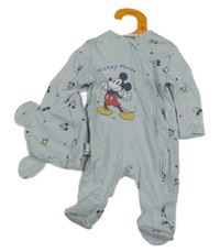 Nové - 2Set - Světlemodrý overal s Mickey s kamarády + čepice PRIMARK