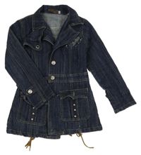 Tmavomodrý rifľový kabát s kamienkami a šnurovaním a golierikom