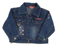 Tmavomodrá rifľová crop bunda s motýlikmi a golierikom