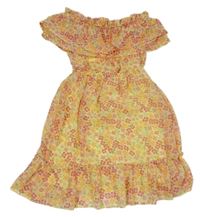 Svetložlté kvetované šifónové šaty s volánikmi