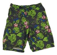 Tmavosivé plážové kraťasy s listami a kvetmi