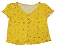 Horčicové kvetované crop tričko s gombíky H&M