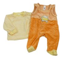 2set - Oranžovo-pruhované sametové dupačky s medvědem + žluté sametové triko C&A