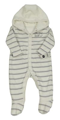 Nové - Bílo-světlemodro-šedá pruhovaná tepláková kombinéza s chlupatou kapucí Dunnes