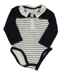 Tmavomodro-bílé body s pruhy a límečkem