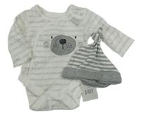 Nové - 2set - Bílo-světlešedé pruhované body s medvědem + šedo-bílá pruhovaná bavlněná čepice George