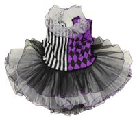 Kockovaným - Čierno-bielo-fialové šaty so vzorom a tylovou sukní