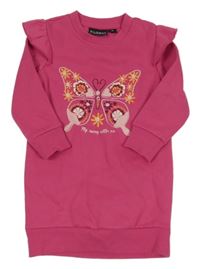 Fuchsiové teplákové šaty s motýlem z květin a volánikmi