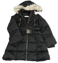 Čierny šušťákový zimný kabát s opaskom a kapucňou s kožešinou River Island