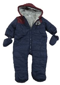 Tmavomodro-vínová šusťáková zimní kombinéza s číslem a kapucí + rukavice F&F