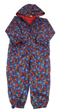 Modro-červeno-žlutá květovaná šusťáková jarní kombinéza s kapucí Miniclub