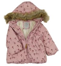 Růžová šusťáková zimní bunda s houbičkami a kapucí s kožešinou 