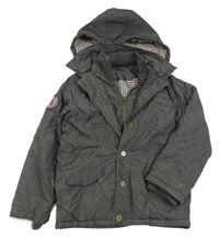 Tmavošedá šusťáková zateplená bunda s kapsami a kapucí 