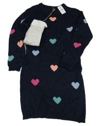 Nové - 2 set - Tmavomodré svetrové šaty se srdíčky + šedé melírované punčocháče Nutmeg