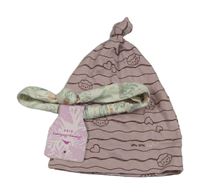 2set - Starorůžová pruhovaná čepice s obrázky + bílá čelenka s květy