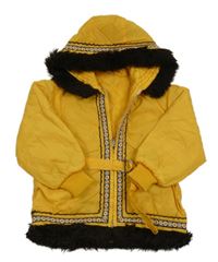 Žlto-hnedá vzorovaná šušťáková lehce zateplená bunda s kapucňou s kožešinou