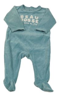 Modrozelený plyšový overal s nápisom