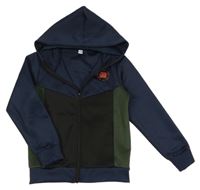 Tmavomodro-černo-khaki sportovní propínací mikina s potiskem a kapucí 