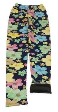 Tmavomodro-barevné květované zateplené legíny 