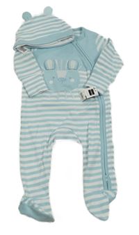 Nové - 2set - Bílo-světlemodrý pruhovaný overal s čumákem + pruhovaná čepice Dunnes Stores