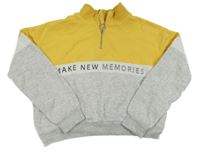 Hořčicovo-sivo-biela crop mikina s nápismi H&M