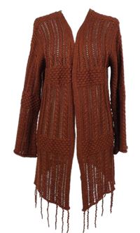 Dámsky karmínový háčkovaný svetrový cardigán s strapcemi Primark