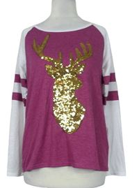 Dámske bielo-purpurové tričko s jelenem z flitrů