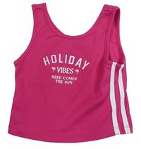 Neónově ružový rebrovaný crop top s nápisom