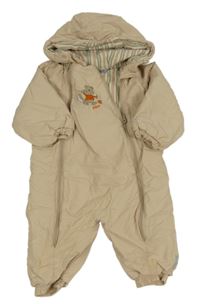 Béžová zimná kombinéza so zvieratkom a kapucňou