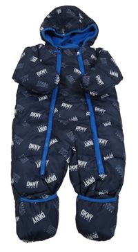 Tmavomodrá šusťáková zimní kobminéza s logy a kapucí DKNY