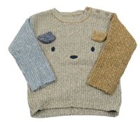 Béžovo-modro-hnedý rebrovaný sveter s medvěďom Nutmeg