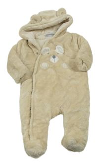 Béžová chlpatá zateplená kombinéza s medvěďom a kapucňou Topolino