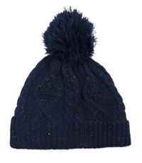 Tmavomodrá pletená třpytivá podšitá čepice s bambulí F&F