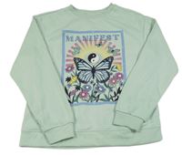 Zelenkavá mikina s nápisem a motýlem Primark