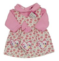 Nové - Bílo-růžové květované teplákové šaty s límečkem