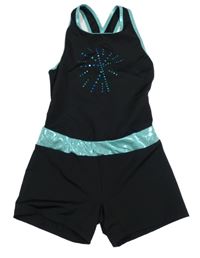 Černo-tyrkysový cvičební overal s třpytkami 
