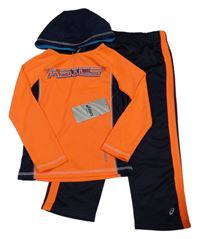 Nové - Neonově oranžovo-tmavomodrá sportovní mikina s kapucí + tepláky Asics