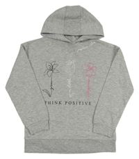 Šedá melírovaná mikina s květy a kapucí 