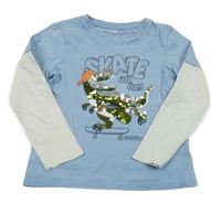 Světlemodro-biele tričko s dinosaurem z flitrů C&A