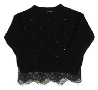 Čierny pletený sveter s kamienkami a čipkou Primark