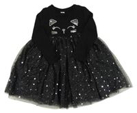 Černé bavlněno/tylové šaty s kočkou Tu