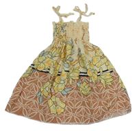 Žlto-staroružové kvetované žabičkové šaty