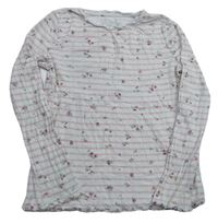 Bielo-svetloružové pruhované rebrované pyžamové tričko s kvietkami F&F