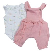 2Set - Svetloružové mušelínové na traké nohavice s volánkem + biele body so zvieratkami F&F