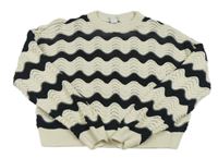 Smetanovo-čierny vzorovaný perforovaný oversize crop sveter PRIMARK